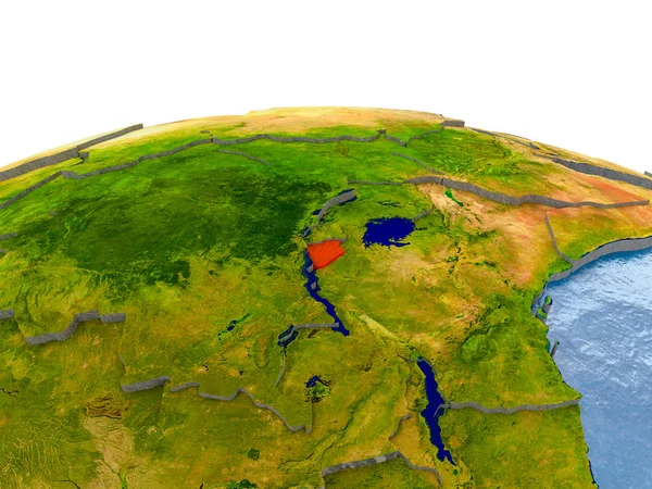 Burundi gerçekçi arazi yüzeyi, görünür ülke sınırları ve okyanuslar yerine su ile dünya üzerinde kırmızı vurgulanır. 3D çizim. Nasa tarafından döşenmiş bu görüntü unsurları.