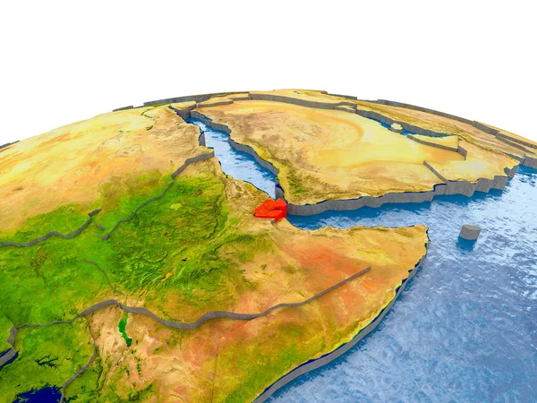 Djibouti highlighted in red on globe with realistic land surface, visible country borders and water in place of oceans. 3D illustration. Elements of this image furnished by NASA.