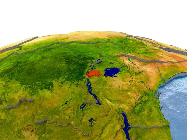 Ruanda gerçekçi arazi yüzeyi, görünür ülke sınırları ve okyanuslar yerine su ile dünya üzerinde kırmızı vurgulanır. 3D çizim. Nasa tarafından döşenmiş bu görüntü unsurları.