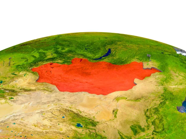Moğolistan gerçekçi arazi yüzeyi, görünür ülke sınırları ve okyanuslar yerine su ile dünya üzerinde kırmızı vurgulanır. 3D çizim. Nasa tarafından döşenmiş bu görüntü unsurları.