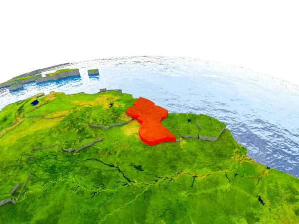 Guyana gerçekçi arazi yüzeyi, görünür ülke sınırları ve okyanuslar yerine su ile dünya üzerinde kırmızı vurgulanır. 3D çizim. Nasa tarafından döşenmiş bu görüntü unsurları.