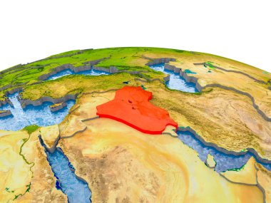 Irak gerçekçi arazi yüzeyi, görünür ülke sınırları ve okyanuslar yerine su ile dünya üzerinde kırmızı vurgulanır. 3D çizim. Nasa tarafından döşenmiş bu görüntü unsurları.