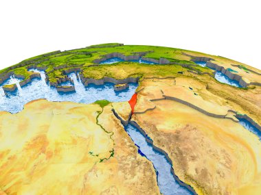 İsrail gerçekçi arazi yüzeyi, görünür ülke sınırları ve okyanuslar yerine su ile dünya üzerinde kırmızı vurgulanır. 3D çizim. Nasa tarafından döşenmiş bu görüntü unsurları.