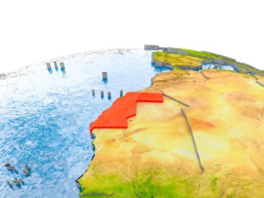 Batı Sahra gerçekçi arazi yüzeyi, görünür ülke sınırları ve okyanuslar yerine su ile dünya üzerinde kırmızı vurgulanır. 3D çizim. Nasa tarafından döşenmiş bu görüntü unsurları.