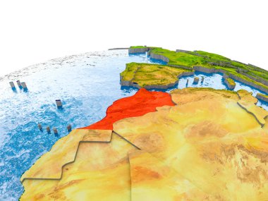Fas gerçekçi arazi yüzeyi, görünür ülke sınırları ve okyanuslar yerine su ile dünya üzerinde kırmızı vurgulanır. 3D çizim. Nasa tarafından döşenmiş bu görüntü unsurları.