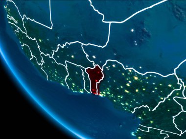 Benin Haritası Beyaz sınır çizgileri ve şehir ışıkları ile gece gezegeni uzaydan görüldüğü gibi kırmızı. 3D çizim. Nasa tarafından döşenmiş bu görüntü unsurları.