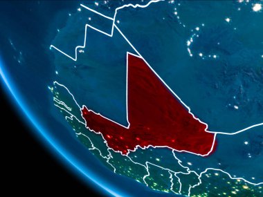 Mali Haritası Beyaz sınır çizgileri ve şehir ışıkları ile gece gezegeni uzaydan görüldüğü gibi kırmızı. 3D çizim. Nasa tarafından döşenmiş bu görüntü unsurları.