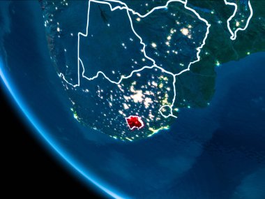 Lesoto Haritası Beyaz sınır çizgileri ve şehir ışıkları ile gece gezegeni uzaydan görüldüğü gibi kırmızı. 3D çizim. Nasa tarafından döşenmiş bu görüntü unsurları.