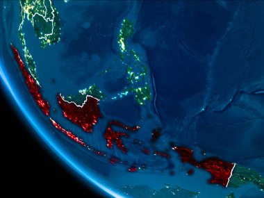 Endonezya Haritası Beyaz sınır çizgileri ve şehir ışıkları ile gece gezegeni uzaydan görüldüğü gibi kırmızı. 3D çizim. Nasa tarafından döşenmiş bu görüntü unsurları.
