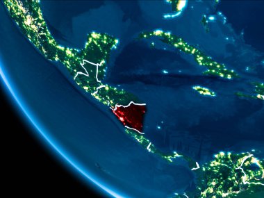 Nikaragua Haritası Beyaz sınır çizgileri ve şehir ışıkları ile gece gezegeni uzaydan görüldüğü gibi kırmızı. 3D çizim. Nasa tarafından döşenmiş bu görüntü unsurları.