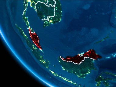 Malezya haritası beyaz sınır çizgileri ve şehir ışıkları ile gece gezegeni uzaydan görüldüğü gibi kırmızı. 3D çizim. Nasa tarafından döşenmiş bu görüntü unsurları.