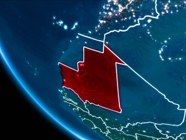 Moritanya Haritası Beyaz sınır çizgileri ve şehir ışıkları ile gece gezegeni uzaydan görüldüğü gibi kırmızı. 3D çizim. Nasa tarafından döşenmiş bu görüntü unsurları.