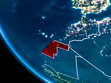 Batı Sahra Haritası Beyaz sınır çizgileri ve şehir ışıkları ile gece gezegeni uzaydan görüldüğü gibi kırmızı. 3D çizim. Nasa tarafından döşenmiş bu görüntü unsurları.
