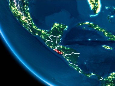 El Salvador Haritası Beyaz sınır çizgileri ve şehir ışıkları ile gece gezegeni uzaydan görüldüğü gibi kırmızı. 3D çizim. Nasa tarafından döşenmiş bu görüntü unsurları.