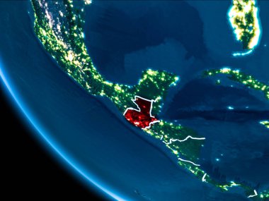 Guatemala Haritası Beyaz sınır çizgileri ve şehir ışıkları ile gece gezegeni uzaydan görüldüğü gibi kırmızı. 3D çizim. Nasa tarafından döşenmiş bu görüntü unsurları.