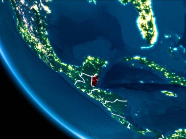 Belize Haritası Beyaz sınır çizgileri ve şehir ışıkları ile gece gezegeni uzaydan görüldüğü gibi kırmızı. 3D çizim. Nasa tarafından döşenmiş bu görüntü unsurları.