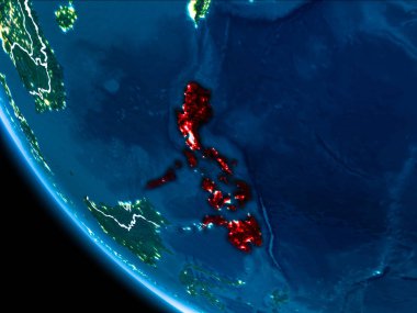Filipinler Haritası Beyaz sınır çizgileri ve şehir ışıkları ile gece gezegeni uzaydan görüldüğü gibi kırmızı. 3D çizim. Nasa tarafından döşenmiş bu görüntü unsurları.