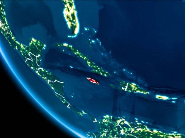 Jamaika haritası beyaz sınır çizgileri ve şehir ışıkları ile gece gezegeni uzaydan görüldüğü gibi kırmızı. 3D çizim. Nasa tarafından döşenmiş bu görüntü unsurları.
