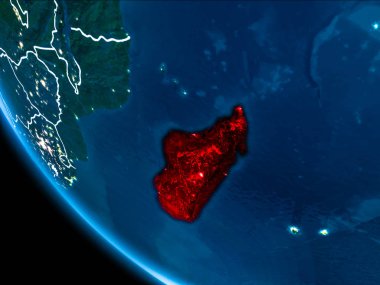 Madagaskar haritası beyaz sınır çizgileri ve şehir ışıkları ile gece gezegeni uzaydan görüldüğü gibi kırmızı. 3D çizim. Nasa tarafından döşenmiş bu görüntü unsurları.