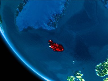 İzlanda Haritası Beyaz sınır çizgileri ve şehir ışıkları ile gece gezegeni uzaydan görüldüğü gibi kırmızı. 3D çizim. Nasa tarafından döşenmiş bu görüntü unsurları.
