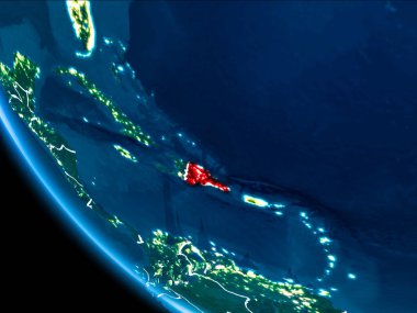 Dominik Cumhuriyeti Haritası Beyaz sınır çizgileri ve şehir ışıkları ile gece gezegeni uzaydan görüldüğü gibi kırmızı. 3D çizim. Nasa tarafından döşenmiş bu görüntü unsurları.