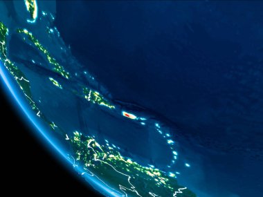 Porto Riko Haritası Beyaz sınır çizgileri ve şehir ışıkları ile gece gezegeni uzaydan görüldüğü gibi kırmızı. 3D çizim. Nasa tarafından döşenmiş bu görüntü unsurları.