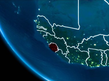 Sierra Leone Haritası Beyaz sınır çizgileri ve şehir ışıkları ile gece gezegeni uzaydan görüldüğü gibi kırmızı. 3D çizim. Nasa tarafından döşenmiş bu görüntü unsurları.