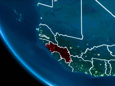 Gine Haritası Beyaz sınır çizgileri ve şehir ışıkları ile gece gezegeni uzaydan görüldüğü gibi kırmızı. 3D çizim. Nasa tarafından döşenmiş bu görüntü unsurları.