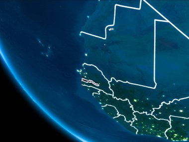 Gambiya Haritası Beyaz sınır çizgileri ve şehir ışıkları ile gece gezegeni uzaydan görüldüğü gibi kırmızı. 3D çizim. Nasa tarafından döşenmiş bu görüntü unsurları.