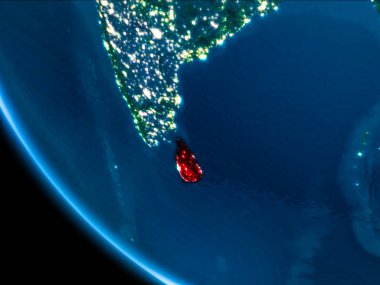 Sri Lanka Haritası Beyaz sınır çizgileri ve şehir ışıkları ile gece gezegeni uzaydan görüldüğü gibi kırmızı. 3D çizim. Nasa tarafından döşenmiş bu görüntü unsurları.