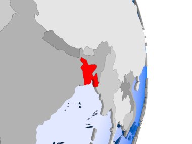 Moğolistan kırmızı şeffaf okyanuslar ile siyasi dünya modeli. 3D çizim.
