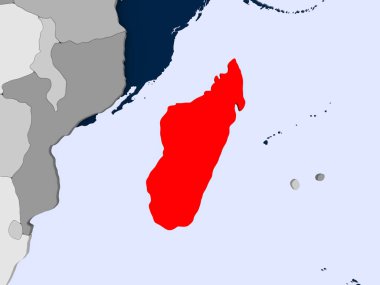 Madagaskar kırmızı şeffaf okyanuslar ile siyasi harita üzerinde. 3D çizim.
