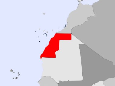 Batı Sahra kırmızı şeffaf okyanuslar ile siyasi harita üzerinde. 3D çizim.