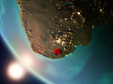 Planet Earth görünür ülke sınırları ile kırmızı günbatımı sırasında vurgulanan Lesotho uydu görünümü. 3D çizim. Nasa tarafından döşenmiş bu görüntü unsurları.