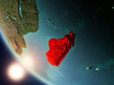 Planet Earth görünür ülke sınırları ile kırmızı günbatımı sırasında vurgulanan Madagaskar uydu görünümü. 3D çizim. Nasa tarafından döşenmiş bu görüntü unsurları.
