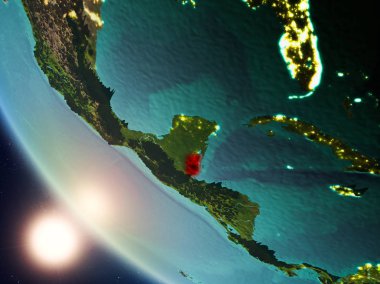 Planet Earth görünür ülke sınırları ile kırmızı günbatımı sırasında vurgulanan Belize uydu görüntüsü. 3D çizim. Nasa tarafından döşenmiş bu görüntü unsurları.