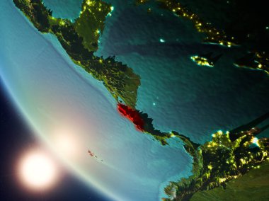 Uydu görüntüsü Kosta Rika Planet Earth görünür ülke sınırları ile kırmızı günbatımı sırasında vurgulanır. 3D çizim. Nasa tarafından döşenmiş bu görüntü unsurları.