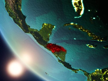 Planet Earth görünür ülke sınırları ile kırmızı günbatımı sırasında vurgulanan Honduras uydu görüntüsü. 3D çizim. Nasa tarafından döşenmiş bu görüntü unsurları.