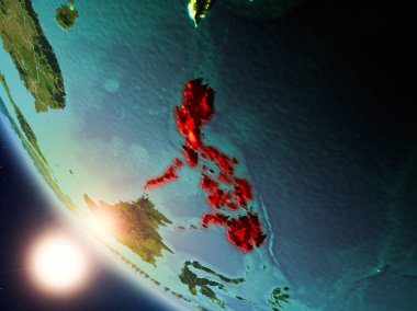 Planet Earth görünür ülke sınırları ile kırmızı günbatımı sırasında vurgulanan Türkiye uydu görünümü. 3D çizim. Nasa tarafından döşenmiş bu görüntü unsurları.