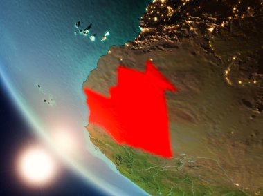 Planet Earth görünür ülke sınırları ile kırmızı günbatımı sırasında vurgulanan Moritanya uydu görüntüsü. 3D çizim. Nasa tarafından döşenmiş bu görüntü unsurları.
