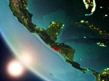 El Salvador Planet Earth görünür ülke sınırları ile kırmızı günbatımı sırasında vurgulanan uydu görüntüsü. 3D çizim. Nasa tarafından döşenmiş bu görüntü unsurları.