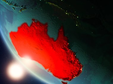 Uydu görüntüsü Avustralya günbatımı sırasında red Planet Earth görünür ülke sınırları ile vurgulanır. 3D çizim. Nasa tarafından döşenmiş bu görüntü unsurları.