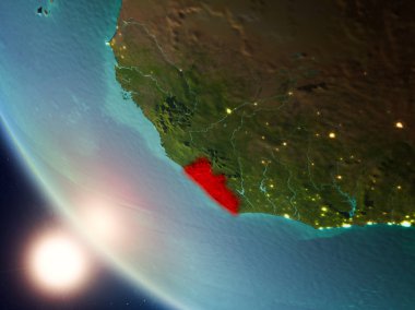 Planet Earth görünür ülke sınırları ile kırmızı günbatımı sırasında vurgulanan Liberya uydu görünümü. 3D çizim. Nasa tarafından döşenmiş bu görüntü unsurları.