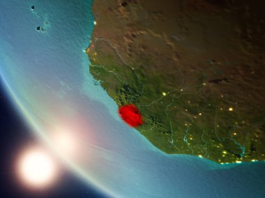 Sierra Leone Planet Earth görünür ülke sınırları ile kırmızı günbatımı sırasında vurgulanan uydu görüntüsü. 3D çizim. Nasa tarafından döşenmiş bu görüntü unsurları.