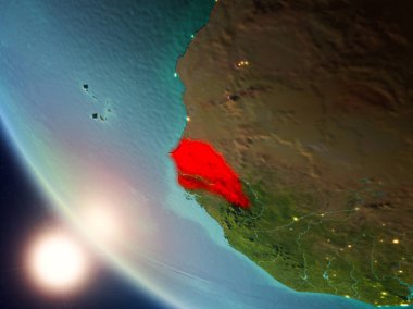 Planet Earth görünür ülke sınırları ile kırmızı günbatımı sırasında vurgulanan Senegal uydu görünümü. 3D çizim. Nasa tarafından döşenmiş bu görüntü unsurları.