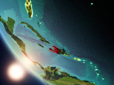 Planet Earth görünür ülke sınırları ile kırmızı günbatımı sırasında vurgulanan Haiti uydu görüntüsü. 3D çizim. Nasa tarafından döşenmiş bu görüntü unsurları.