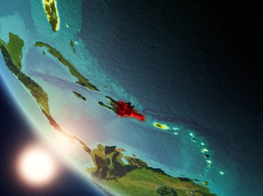 Planet Earth görünür ülke sınırları ile kırmızı günbatımı sırasında vurgulanan Dominik Cumhuriyeti uydu görüntüsü. 3D çizim. Nasa tarafından döşenmiş bu görüntü unsurları.