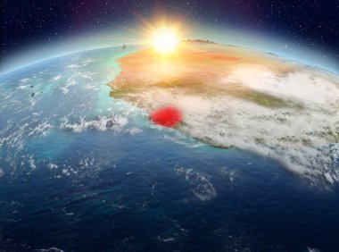 Uydu görüntüsü Sierra Leone gündoğumu sırasında red Planet Earth bulutlar ile vurgulanır. 3D çizim. Nasa tarafından döşenmiş bu görüntü unsurları.