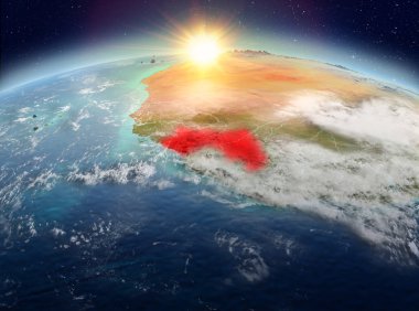 Uydu görüntüsü, red Planet Earth bulutlar ile gündoğumu sırasında vurgulanmış Gine. 3D çizim. Nasa tarafından döşenmiş bu görüntü unsurları.