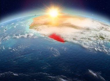 Uydu Görünümü Liberya gündoğumu sırasında red Planet Earth bulutlar ile vurgulanır. 3D çizim. Nasa tarafından döşenmiş bu görüntü unsurları.